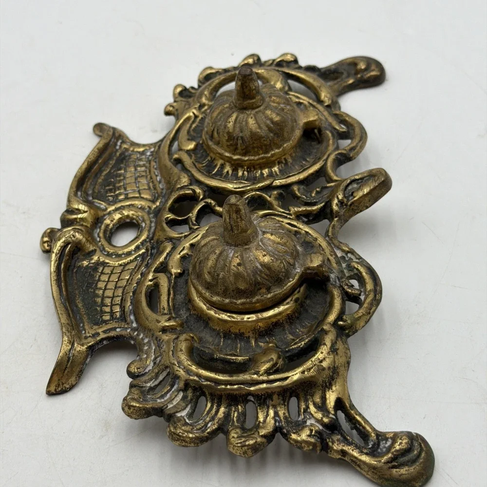 Vintage Double Ornate Brass Style Metal Inkwell JAPAN
